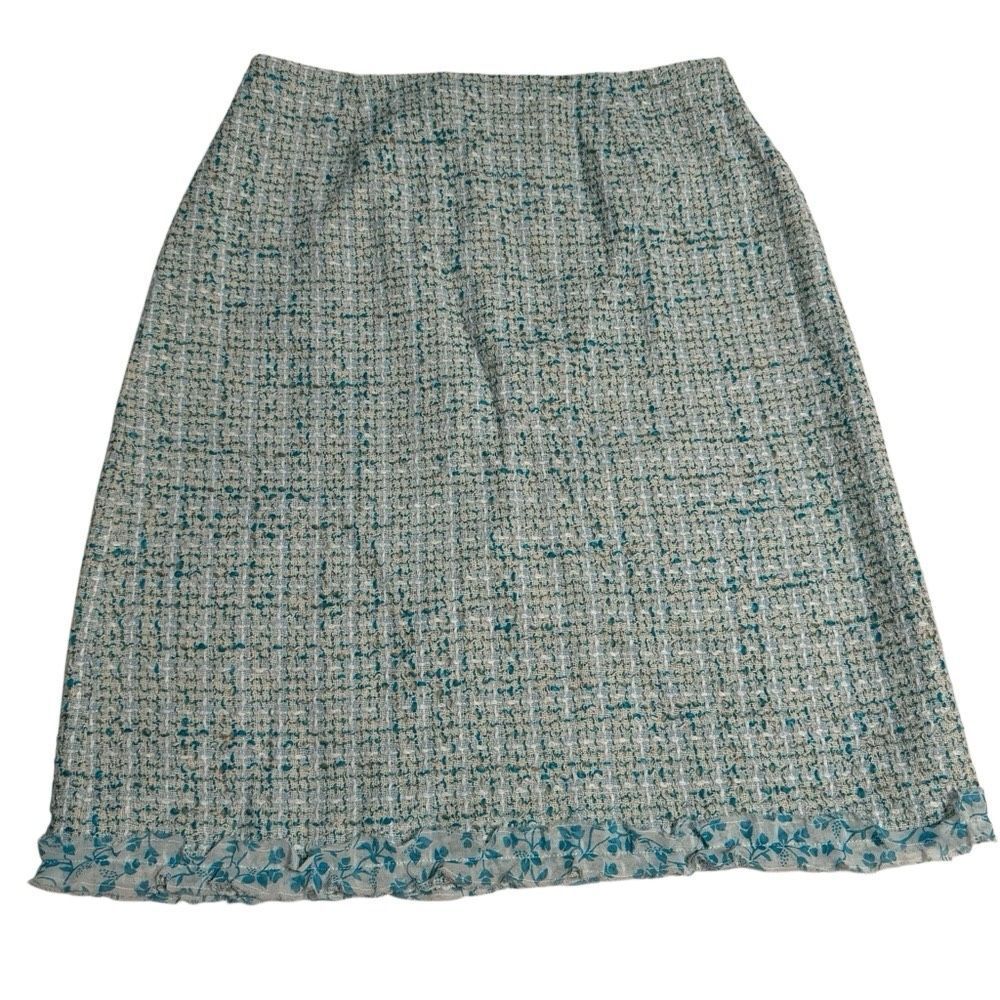 Grace Dane Lewis Blue White Tweed Skirt Ruffle Hem Size 8 Office Fairy